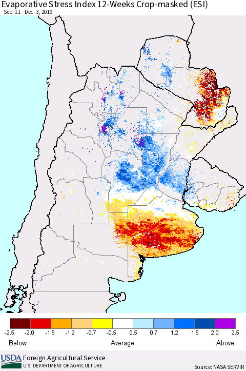 Southern South America Evaporative Stress Index (ESI), 12-Weeks over Croplands Thematic Map For 12/2/2019 - 12/8/2019