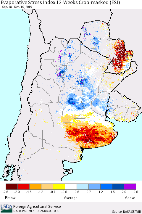 Southern South America Evaporative Stress Index (ESI), 12-Weeks over Croplands Thematic Map For 12/9/2019 - 12/15/2019