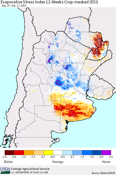 Southern South America Evaporative Stress Index (ESI), 12-Weeks over Croplands Thematic Map For 12/16/2019 - 12/22/2019