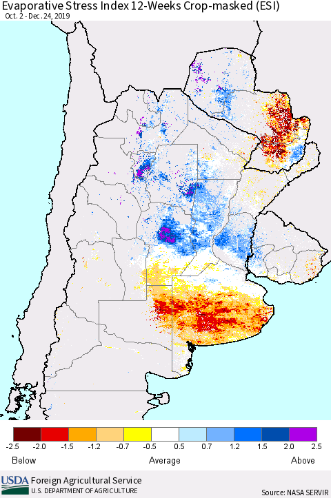 Southern South America Evaporative Stress Index (ESI), 12-Weeks over Croplands Thematic Map For 12/23/2019 - 12/29/2019