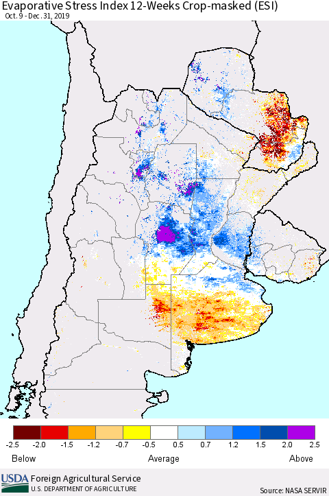 Southern South America Evaporative Stress Index (ESI), 12-Weeks over Croplands Thematic Map For 12/30/2019 - 1/5/2020