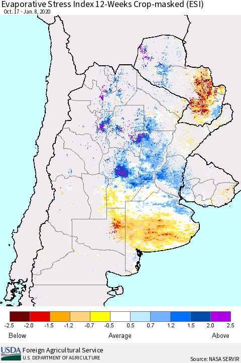 Southern South America Evaporative Stress Index (ESI), 12-Weeks over Croplands Thematic Map For 1/6/2020 - 1/12/2020