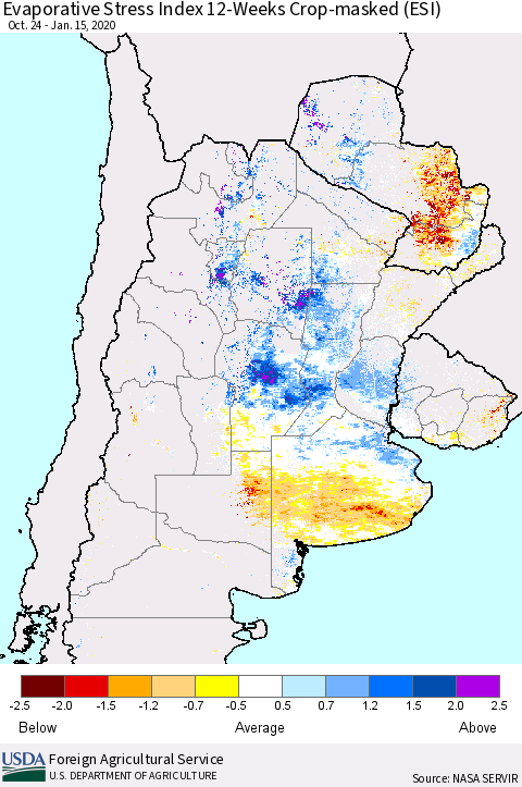 Southern South America Evaporative Stress Index (ESI), 12-Weeks over Croplands Thematic Map For 1/13/2020 - 1/19/2020