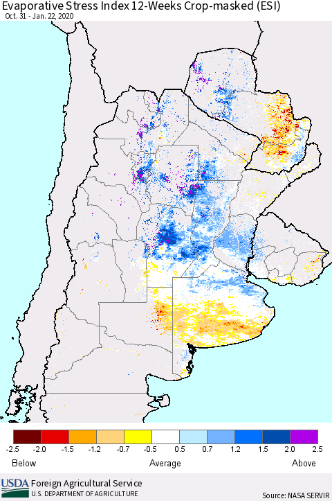 Southern South America Evaporative Stress Index (ESI), 12-Weeks over Croplands Thematic Map For 1/20/2020 - 1/26/2020