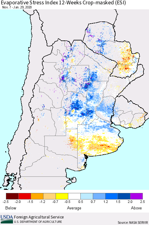 Southern South America Evaporative Stress Index (ESI), 12-Weeks over Croplands Thematic Map For 1/27/2020 - 2/2/2020