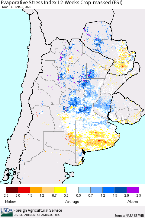 Southern South America Evaporative Stress Index (ESI), 12-Weeks over Croplands Thematic Map For 2/3/2020 - 2/9/2020