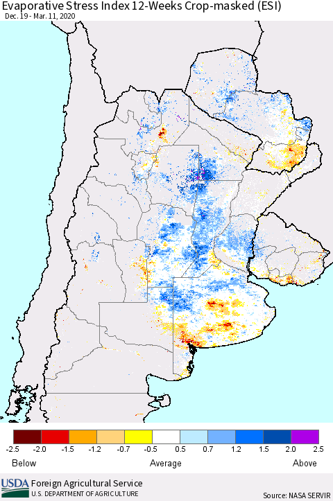 Southern South America Evaporative Stress Index (ESI), 12-Weeks over Croplands Thematic Map For 3/9/2020 - 3/15/2020