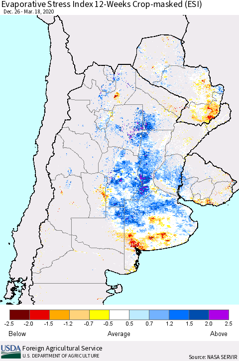 Southern South America Evaporative Stress Index (ESI), 12-Weeks over Croplands Thematic Map For 3/16/2020 - 3/22/2020
