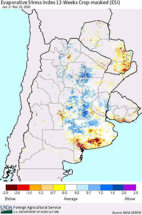 Southern South America Evaporative Stress Index (ESI), 12-Weeks over Croplands Thematic Map For 3/23/2020 - 3/29/2020