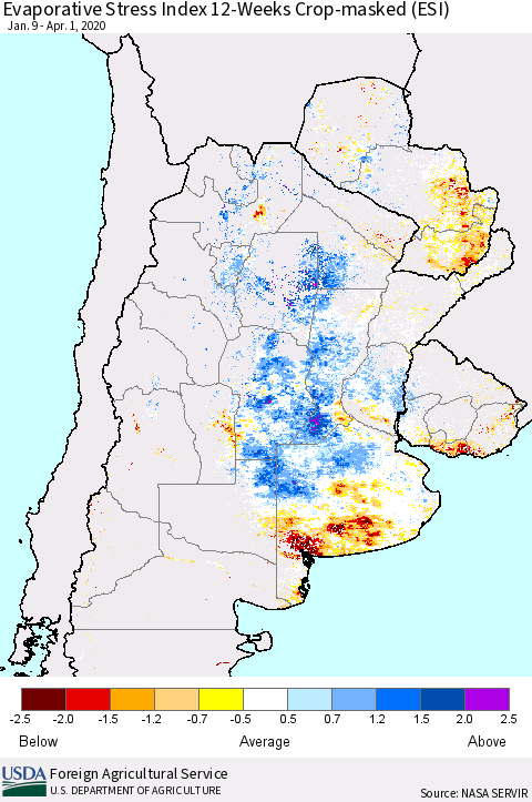 Southern South America Evaporative Stress Index (ESI), 12-Weeks over Croplands Thematic Map For 3/30/2020 - 4/5/2020