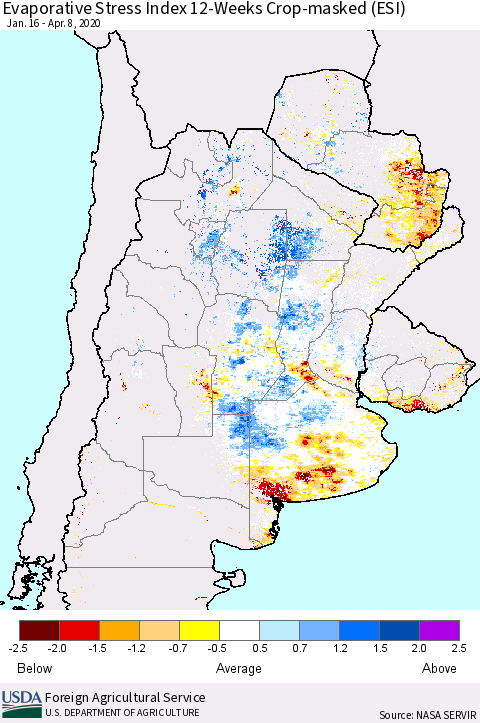 Southern South America Evaporative Stress Index (ESI), 12-Weeks over Croplands Thematic Map For 4/6/2020 - 4/12/2020