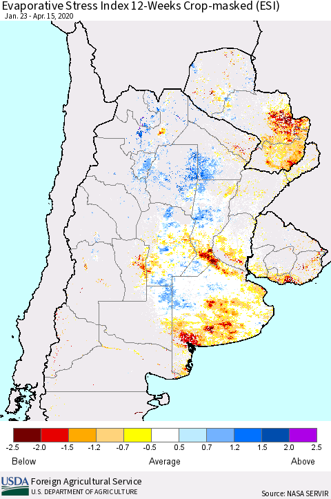 Southern South America Evaporative Stress Index (ESI), 12-Weeks over Croplands Thematic Map For 4/13/2020 - 4/19/2020