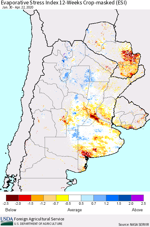 Southern South America Evaporative Stress Index (ESI), 12-Weeks over Croplands Thematic Map For 4/20/2020 - 4/26/2020