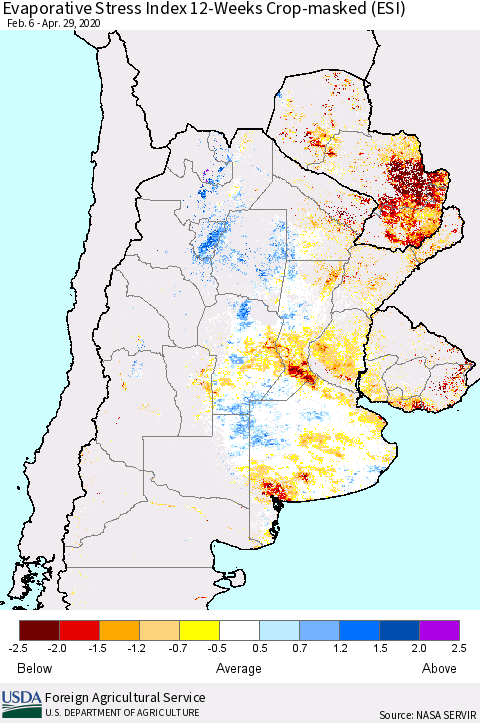 Southern South America Evaporative Stress Index (ESI), 12-Weeks over Croplands Thematic Map For 4/27/2020 - 5/3/2020