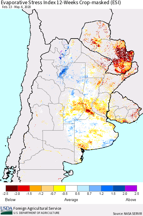 Southern South America Evaporative Stress Index (ESI), 12-Weeks over Croplands Thematic Map For 5/4/2020 - 5/10/2020