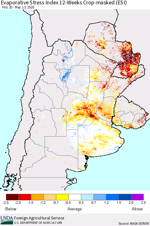 Southern South America Evaporative Stress Index (ESI), 12-Weeks over Croplands Thematic Map For 5/11/2020 - 5/17/2020