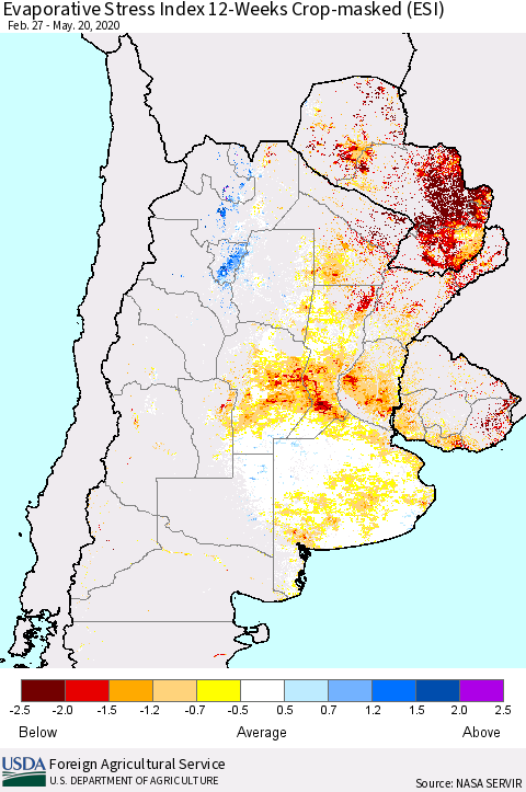 Southern South America Evaporative Stress Index (ESI), 12-Weeks over Croplands Thematic Map For 5/18/2020 - 5/24/2020