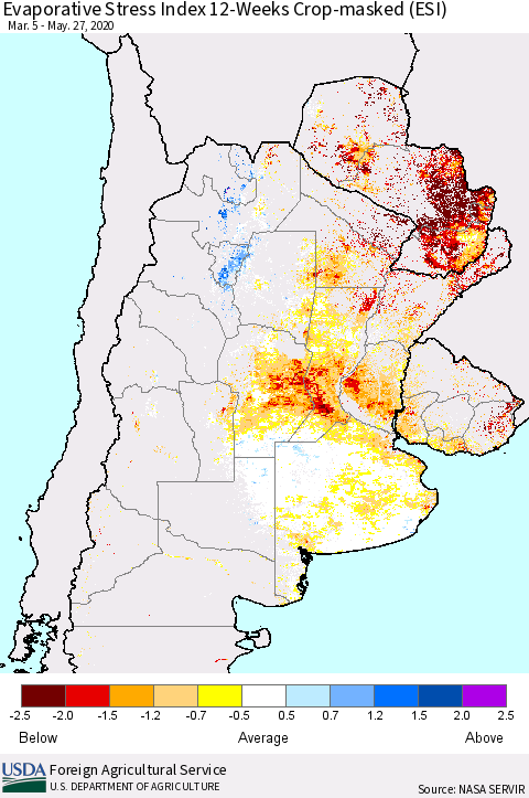 Southern South America Evaporative Stress Index (ESI), 12-Weeks over Croplands Thematic Map For 5/25/2020 - 5/31/2020