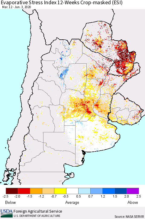 Southern South America Evaporative Stress Index (ESI), 12-Weeks over Croplands Thematic Map For 6/1/2020 - 6/7/2020