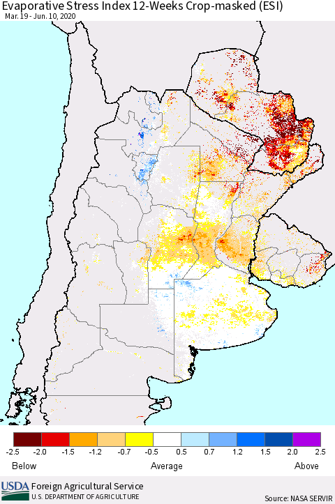 Southern South America Evaporative Stress Index (ESI), 12-Weeks over Croplands Thematic Map For 6/8/2020 - 6/14/2020