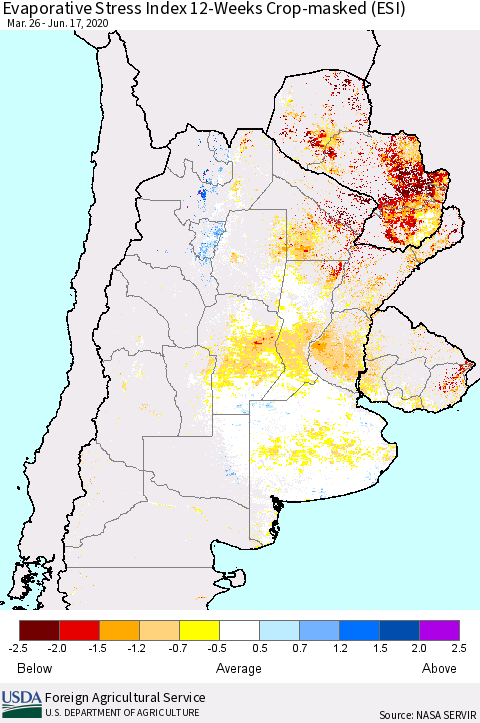 Southern South America Evaporative Stress Index (ESI), 12-Weeks over Croplands Thematic Map For 6/15/2020 - 6/21/2020