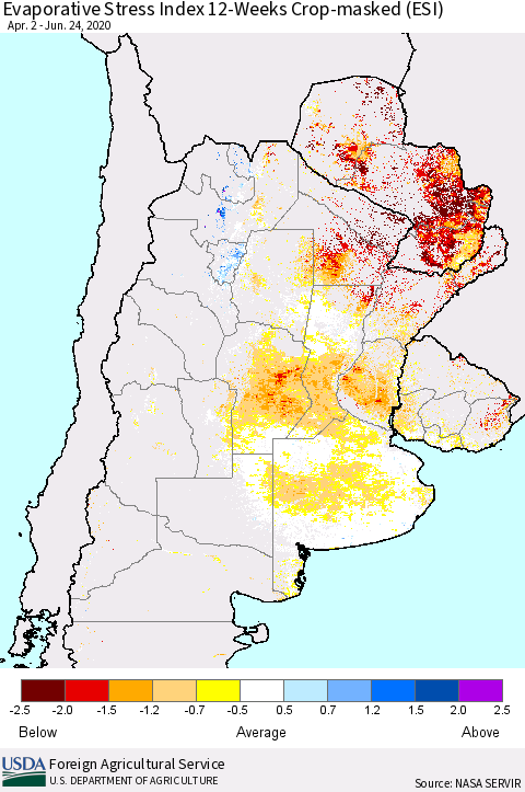 Southern South America Evaporative Stress Index (ESI), 12-Weeks over Croplands Thematic Map For 6/22/2020 - 6/28/2020