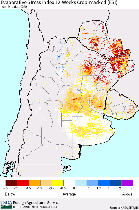Southern South America Evaporative Stress Index (ESI), 12-Weeks over Croplands Thematic Map For 6/29/2020 - 7/5/2020