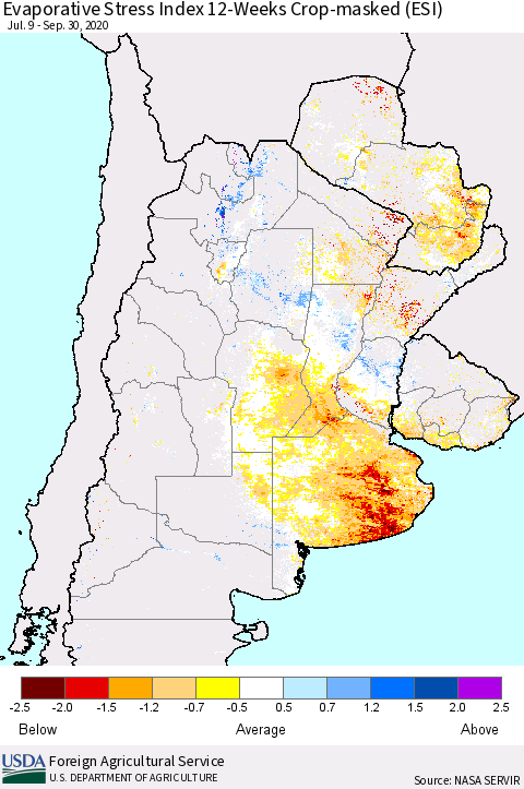 Southern South America Evaporative Stress Index (ESI), 12-Weeks over Croplands Thematic Map For 9/28/2020 - 10/4/2020