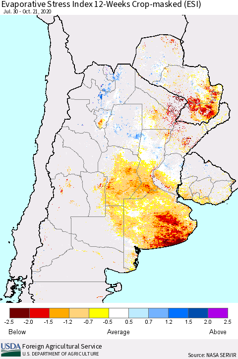 Southern South America Evaporative Stress Index (ESI), 12-Weeks over Croplands Thematic Map For 10/19/2020 - 10/25/2020