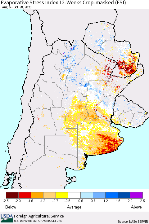 Southern South America Evaporative Stress Index (ESI), 12-Weeks over Croplands Thematic Map For 10/26/2020 - 11/1/2020