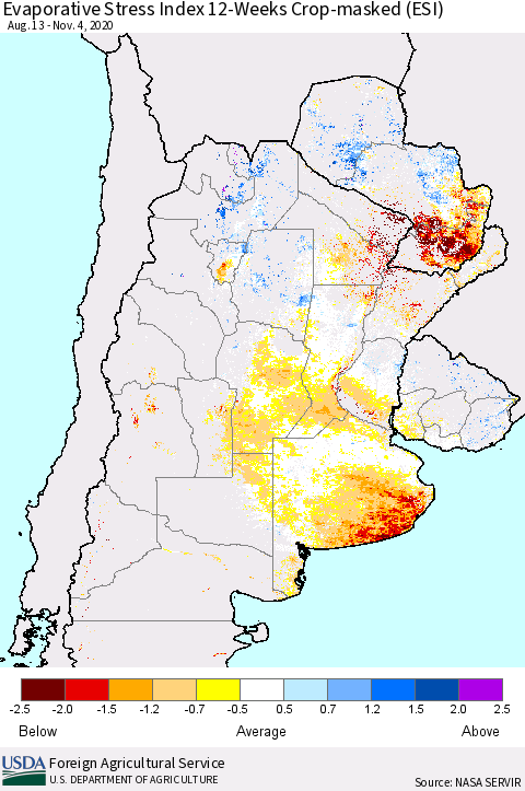 Southern South America Evaporative Stress Index (ESI), 12-Weeks over Croplands Thematic Map For 11/2/2020 - 11/8/2020