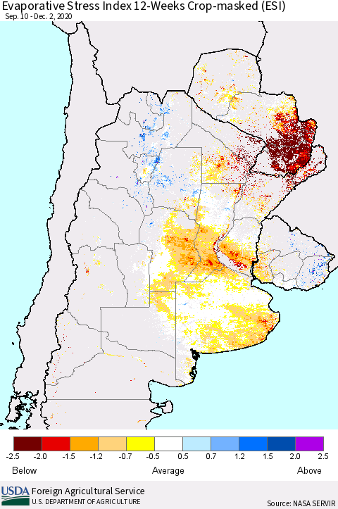 Southern South America Evaporative Stress Index (ESI), 12-Weeks over Croplands Thematic Map For 11/30/2020 - 12/6/2020