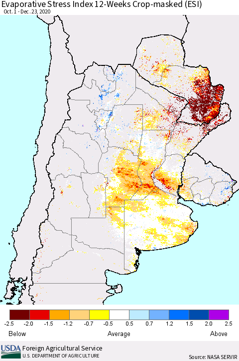 Southern South America Evaporative Stress Index (ESI), 12-Weeks over Croplands Thematic Map For 12/21/2020 - 12/27/2020