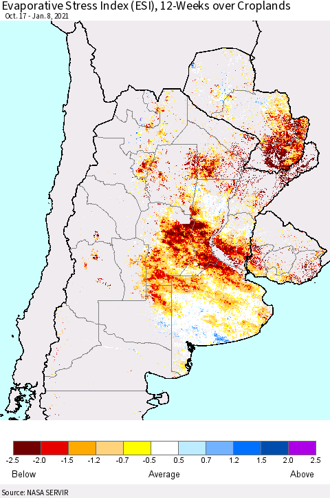 Southern South America Evaporative Stress Index (ESI), 12-Weeks over Croplands Thematic Map For 1/4/2021 - 1/10/2021