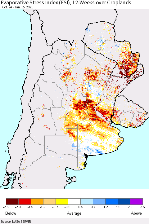 Southern South America Evaporative Stress Index (ESI), 12-Weeks over Croplands Thematic Map For 1/11/2021 - 1/17/2021
