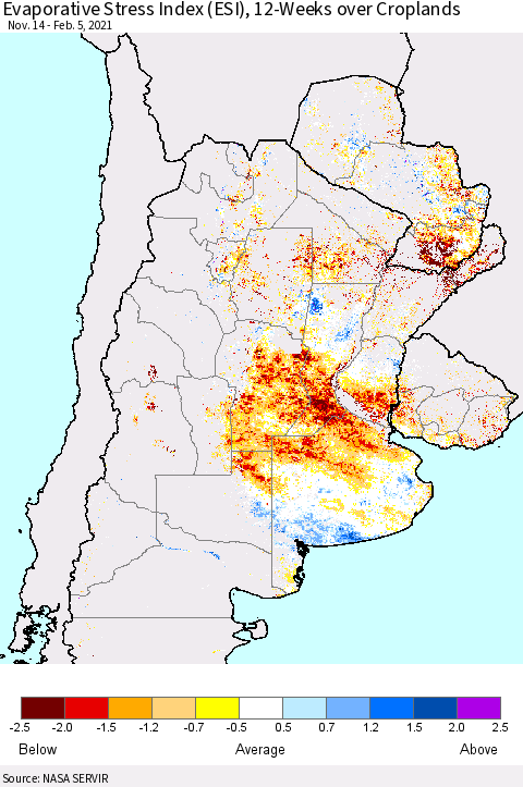 Southern South America Evaporative Stress Index (ESI), 12-Weeks over Croplands Thematic Map For 2/1/2021 - 2/7/2021