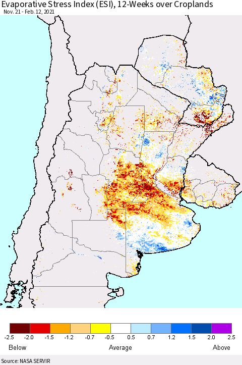 Southern South America Evaporative Stress Index (ESI), 12-Weeks over Croplands Thematic Map For 2/8/2021 - 2/14/2021