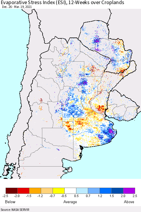 Southern South America Evaporative Stress Index (ESI), 12-Weeks over Croplands Thematic Map For 3/15/2021 - 3/21/2021