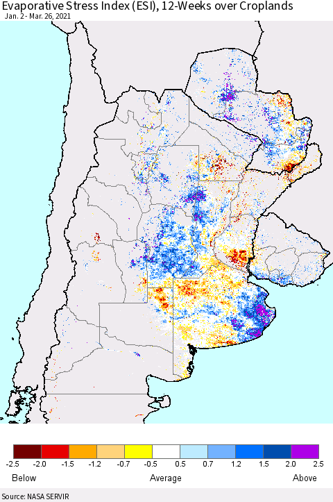 Southern South America Evaporative Stress Index (ESI), 12-Weeks over Croplands Thematic Map For 3/22/2021 - 3/28/2021
