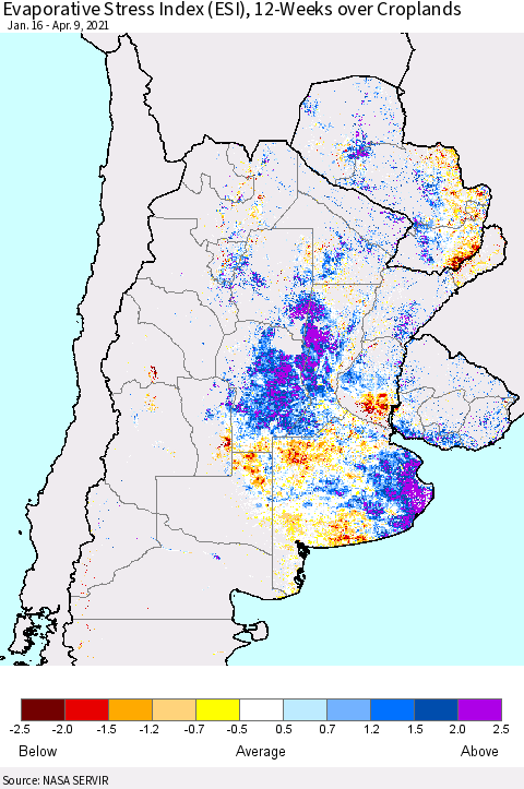 Southern South America Evaporative Stress Index (ESI), 12-Weeks over Croplands Thematic Map For 4/5/2021 - 4/11/2021