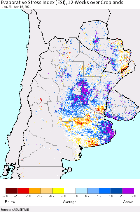 Southern South America Evaporative Stress Index (ESI), 12-Weeks over Croplands Thematic Map For 4/12/2021 - 4/18/2021