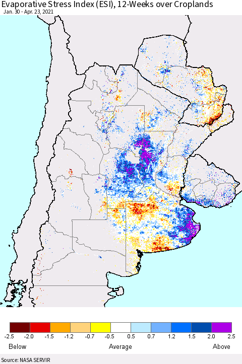 Southern South America Evaporative Stress Index (ESI), 12-Weeks over Croplands Thematic Map For 4/19/2021 - 4/25/2021