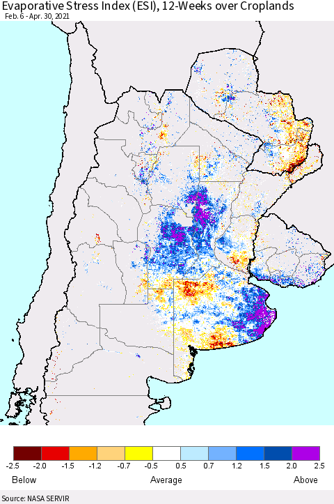 Southern South America Evaporative Stress Index (ESI), 12-Weeks over Croplands Thematic Map For 4/26/2021 - 5/2/2021