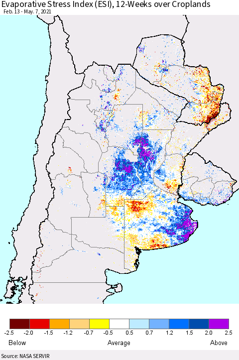 Southern South America Evaporative Stress Index (ESI), 12-Weeks over Croplands Thematic Map For 5/3/2021 - 5/9/2021