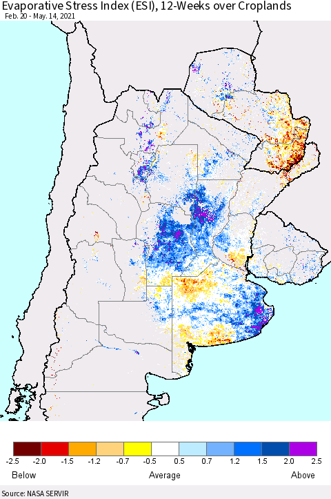 Southern South America Evaporative Stress Index (ESI), 12-Weeks over Croplands Thematic Map For 5/10/2021 - 5/16/2021