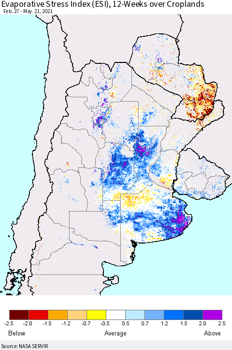 Southern South America Evaporative Stress Index (ESI), 12-Weeks over Croplands Thematic Map For 5/17/2021 - 5/23/2021