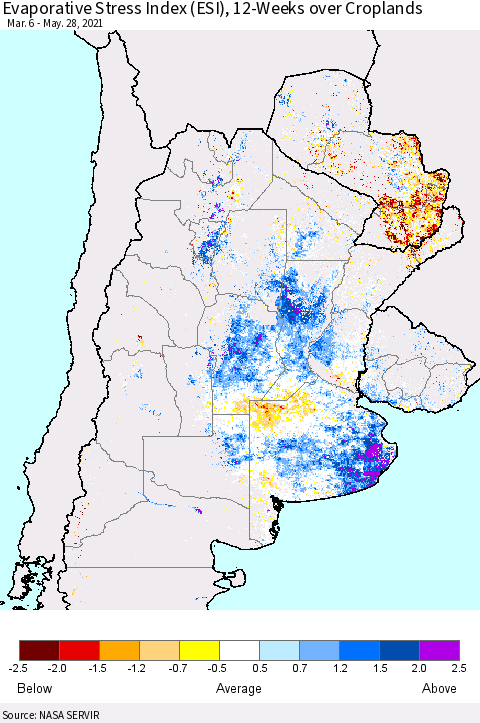 Southern South America Evaporative Stress Index (ESI), 12-Weeks over Croplands Thematic Map For 5/24/2021 - 5/30/2021