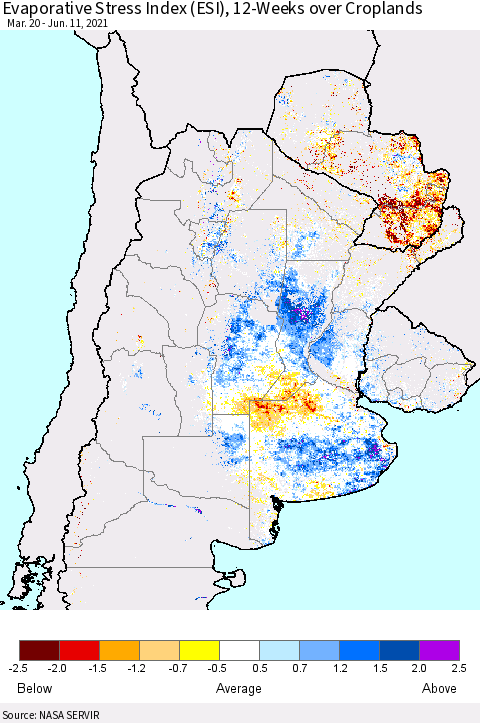 Southern South America Evaporative Stress Index (ESI), 12-Weeks over Croplands Thematic Map For 6/7/2021 - 6/13/2021