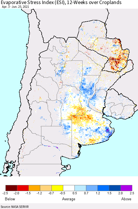 Southern South America Evaporative Stress Index (ESI), 12-Weeks over Croplands Thematic Map For 6/21/2021 - 6/27/2021
