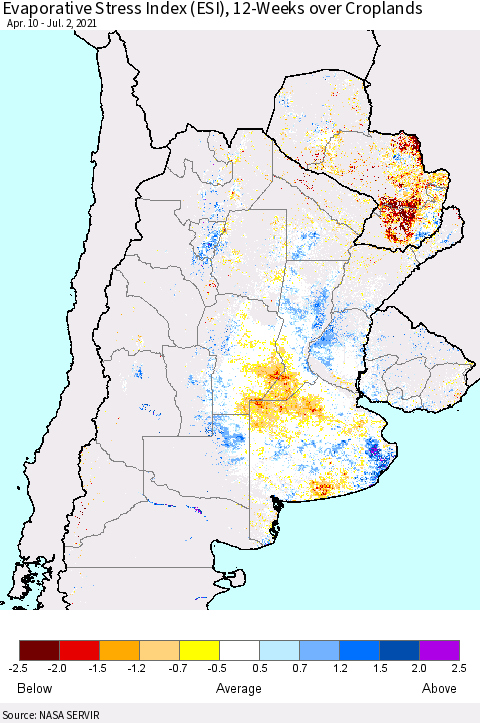 Southern South America Evaporative Stress Index (ESI), 12-Weeks over Croplands Thematic Map For 6/28/2021 - 7/4/2021